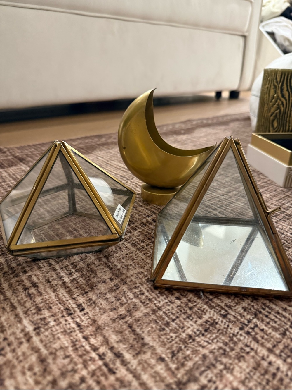 Urban Outfitters Gold Glass Pyramid Trinket Boxes with Brass Moon Accent